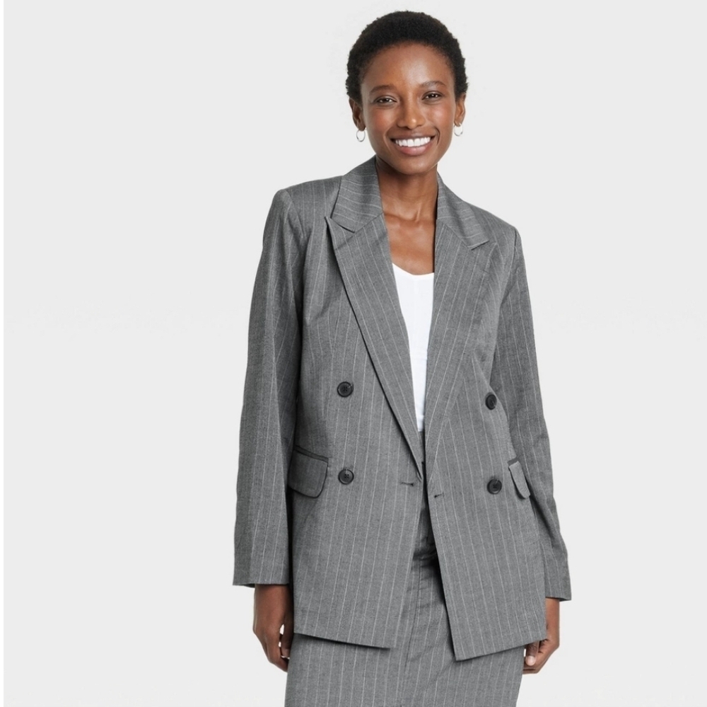 Women's Double Breasted Blazer - A New Day Gray Pinstripe M